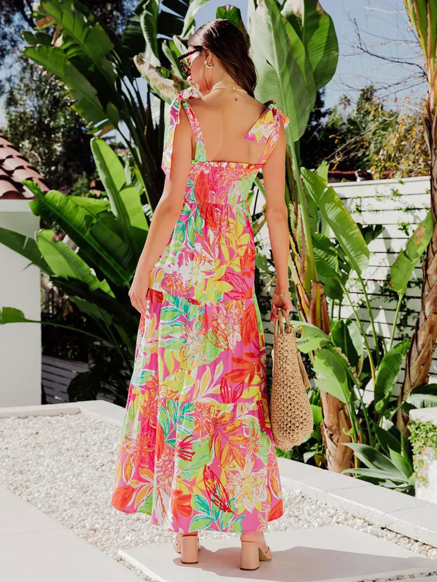 Bohemian Floral Print Shirred Backless Maxi Slip Dress Resort Wear - Image 12