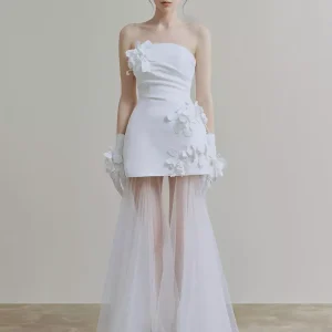 Flowers Strapless Sleeveless A-Line Bridal Short Wedding Dress