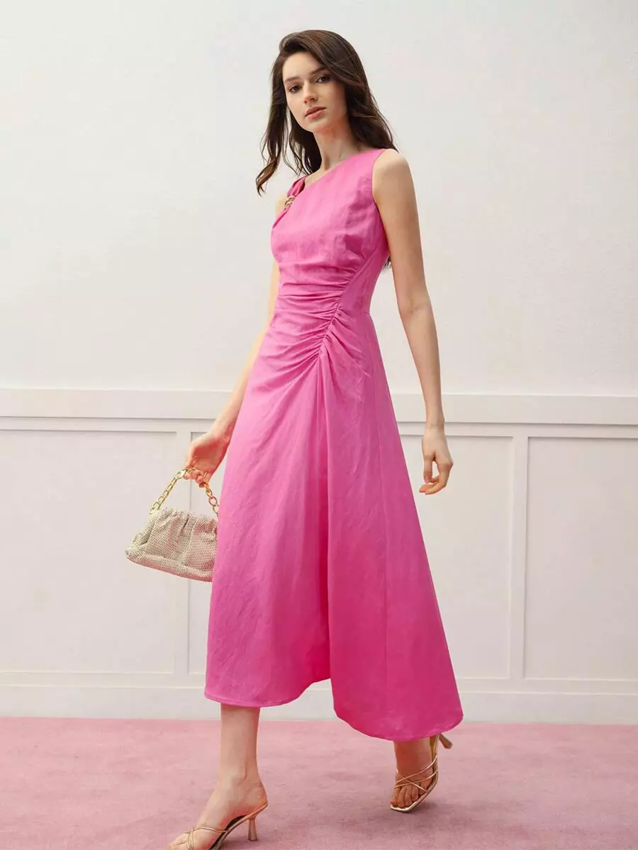 Asymmetrical Pleated With Ruched Waist Sleeveless Street Wear Midi Dress - Image 3