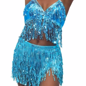 Belly Dance Top Bra Belt Latin Sequin Fringe Halter Hip Skirt Party Costume 4 Layer Tassel Two Piece Set