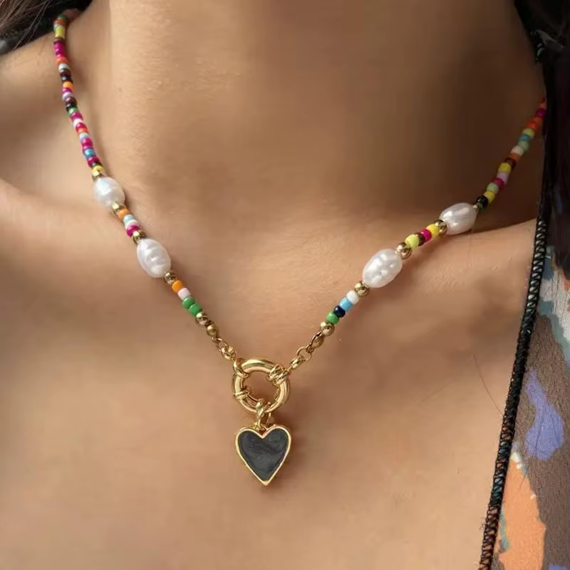 Bohemian Colorful Beads Chain Heart Pendant Necklaces Valentine's Accessories