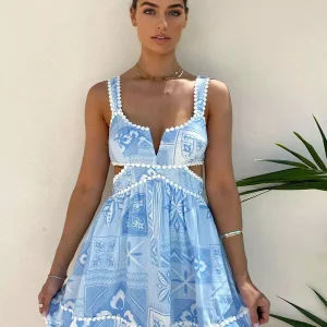Bohemian Cutout Waist And V-Neck Printed Sleeveless A-line Mini Dress