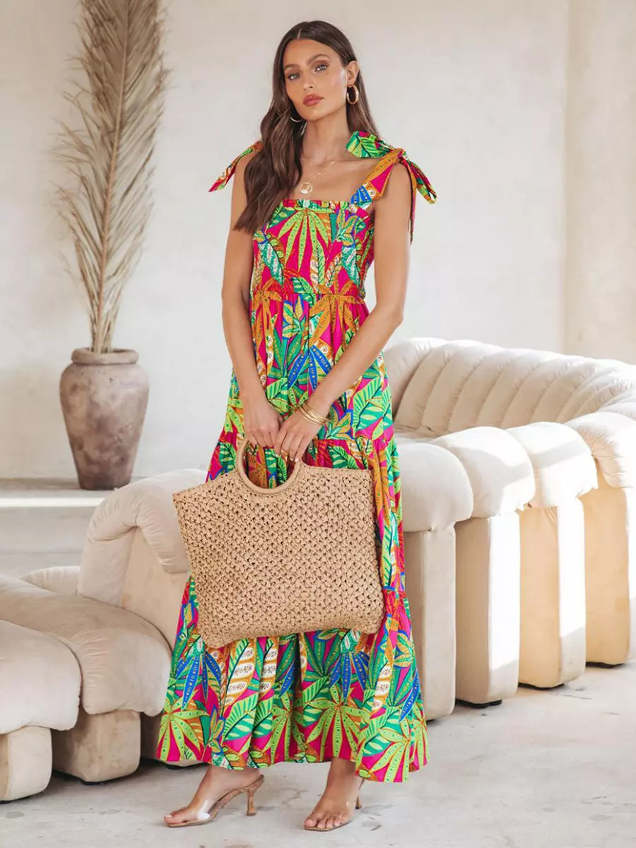 Bohemian Floral Print Shirred Backless Maxi Slip Dress Resort Wear - Image 2