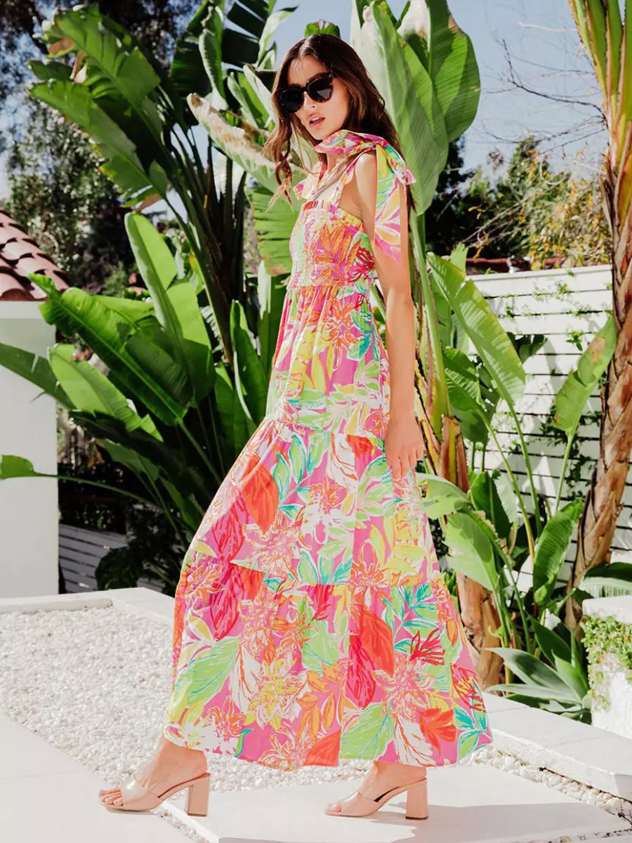 Bohemian Floral Print Shirred Backless Maxi Slip Dress Resort Wear - Image 10