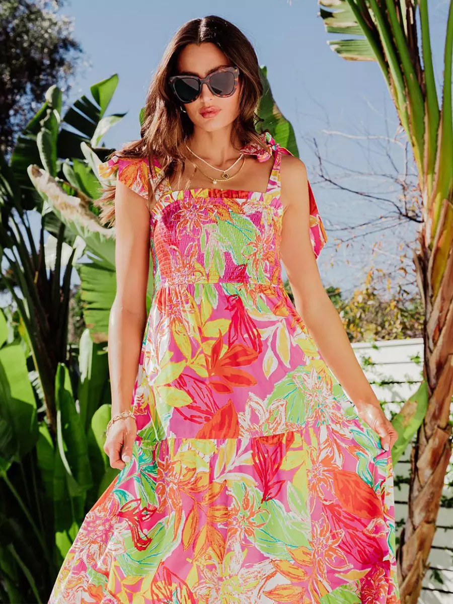 Bohemian Floral Print Shirred Backless Maxi Slip Dress Resort Wear - Image 7