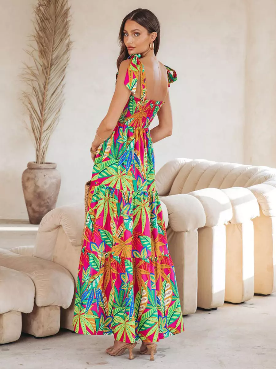 Bohemian Floral Print Shirred Backless Maxi Slip Dress Resort Wear - Image 6