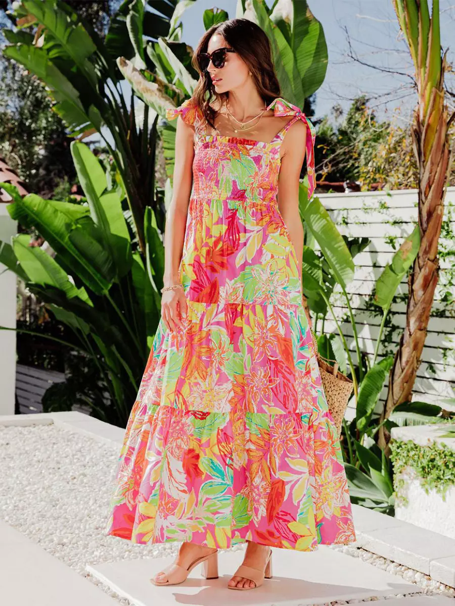Bohemian Floral Print Shirred Backless Maxi Slip Dress Resort Wear - Image 9