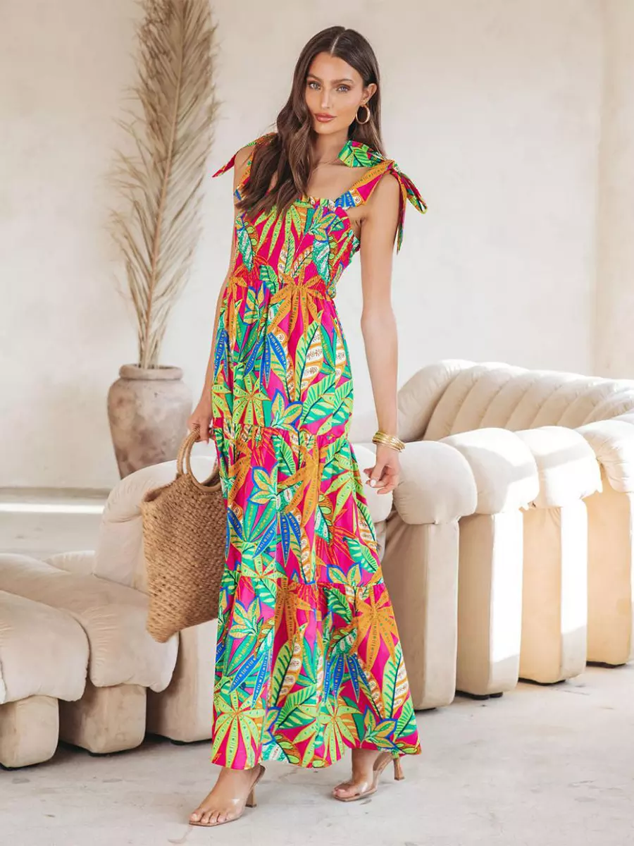 Bohemian Floral Print Shirred Backless Maxi Slip Dress Resort Wear - Image 4