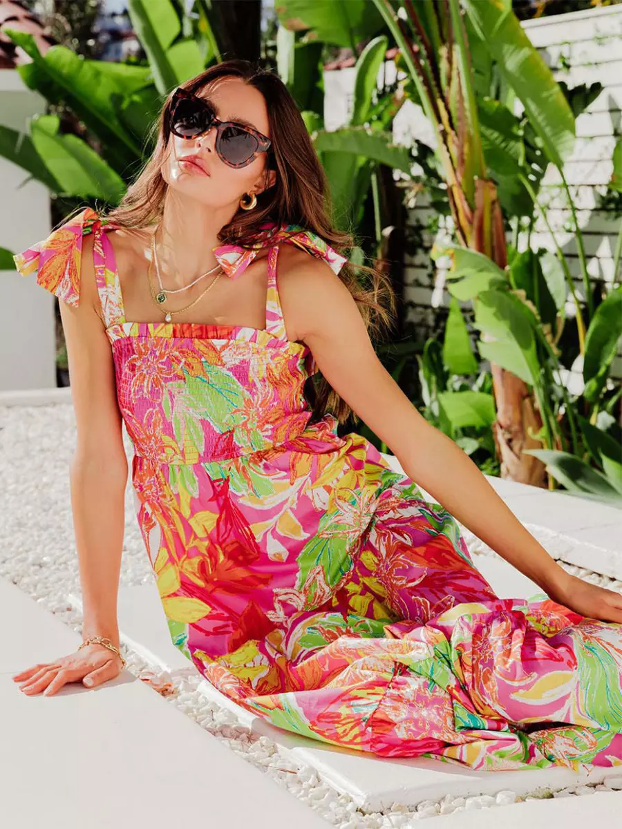 Bohemian Floral Print Shirred Backless Maxi Slip Dress Resort Wear - Image 8