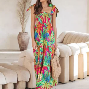 Bohemian Floral Print Shirred Backless Maxi Slip Dress Resort Wear