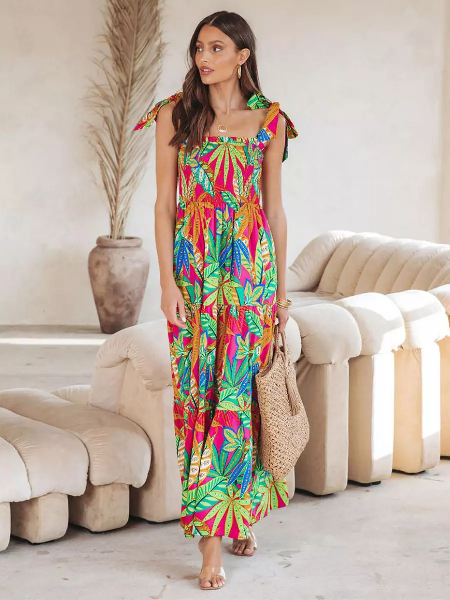 Bohemian Floral Print Shirred Backless Maxi Slip Dress Resort Wear