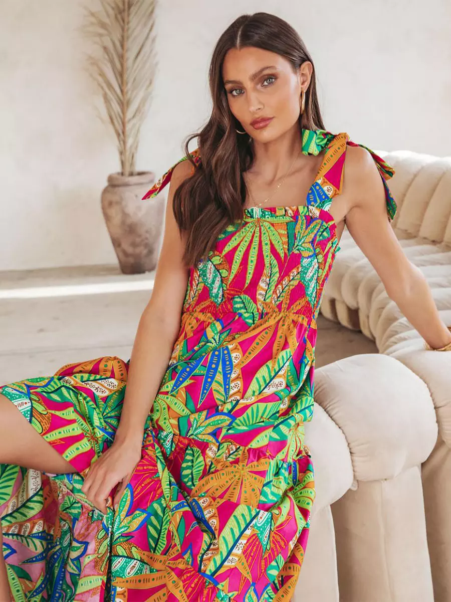 Bohemian Floral Print Shirred Backless Maxi Slip Dress Resort Wear - Image 3