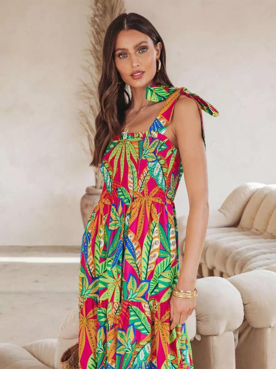 Bohemian Floral Print Shirred Backless Maxi Slip Dress Resort Wear - Image 5
