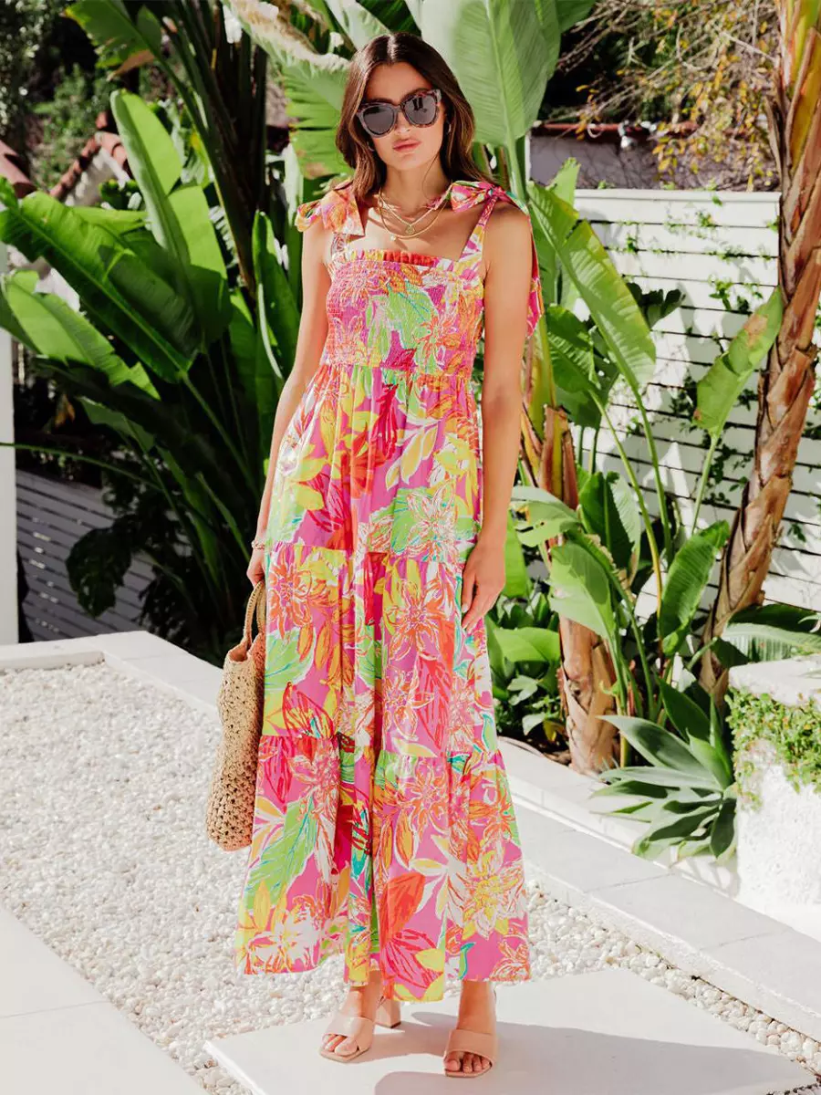 Bohemian Floral Print Shirred Backless Maxi Slip Dress Resort Wear - Image 11