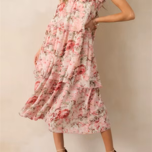 Bohemian Floral Print Sleeveless V-Neckline and Tiered Ruffle Hem Midi Dress