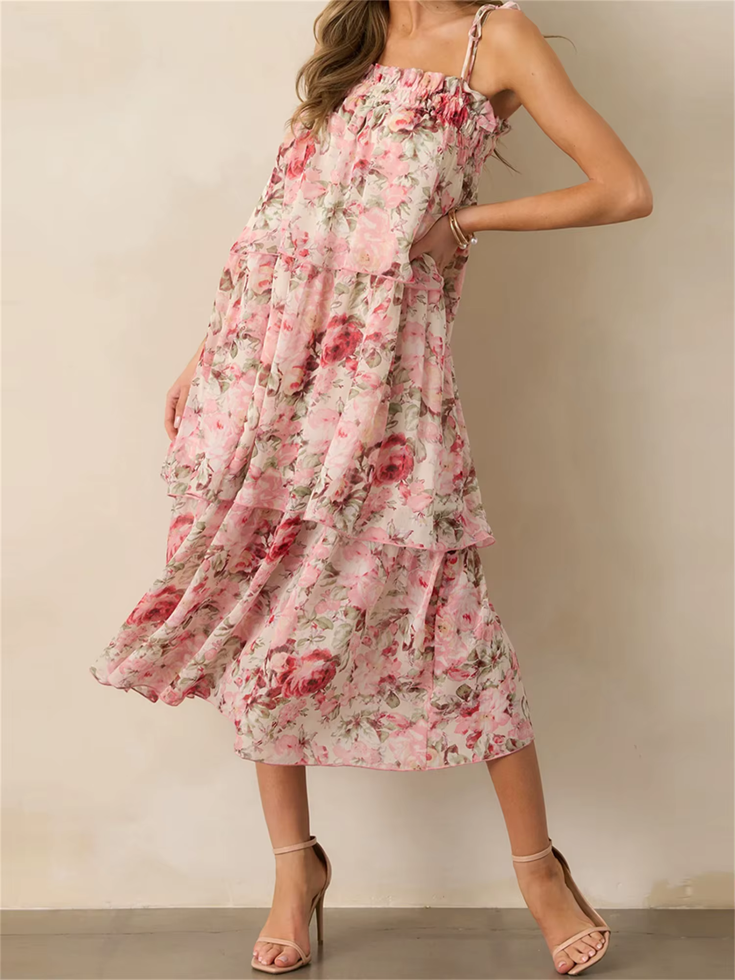 Bohemian Floral Print Sleeveless V-Neckline and Tiered Ruffle Hem Midi Dress