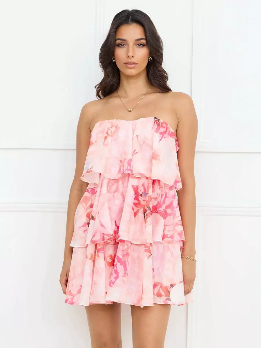 Bohemian Floral Print Tiered Strapless Layered Beach Style Mini Dress - Image 9