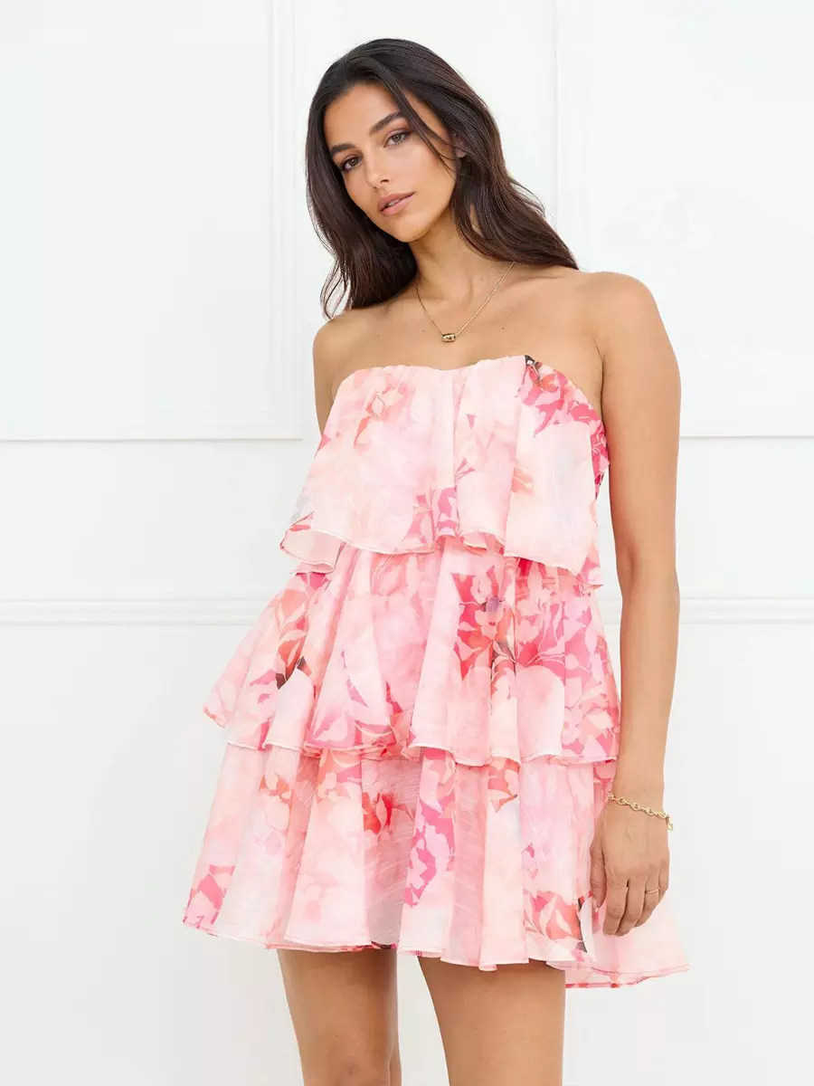 Bohemian Floral Print Tiered Strapless Layered Beach Style Mini Dress - Image 8