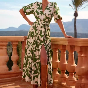 Bohemian Floral Print With V-neck And Side Slit Wrap Midi Dress