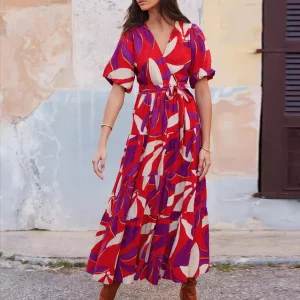 Bohemian Floral Print With V-neck And Side Slit Wrap Midi Dress