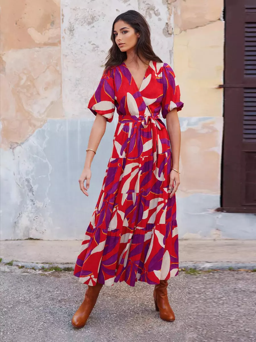 Bohemian Floral Print With V-neck And Side Slit Wrap Midi Dress