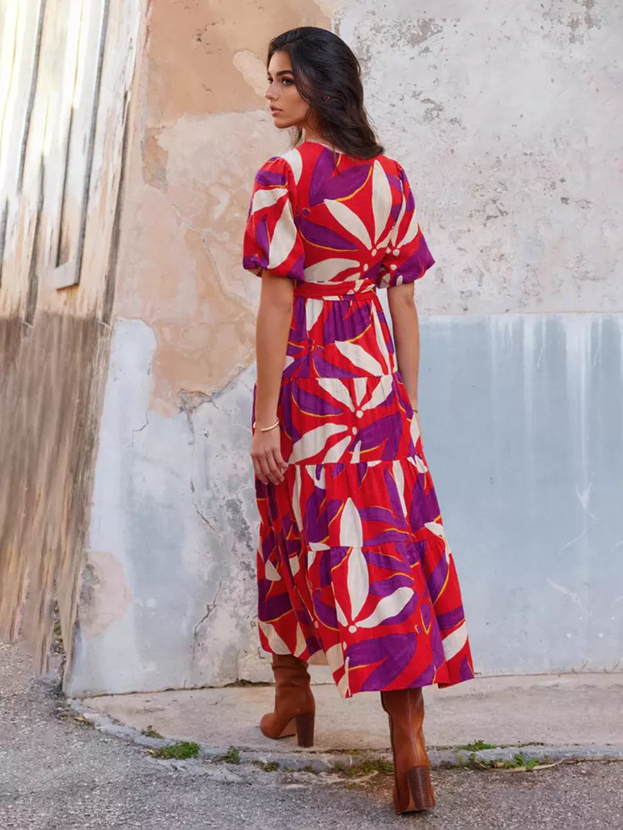 Bohemian Floral Print With V-neck And Side Slit Wrap Midi Dress - Image 3