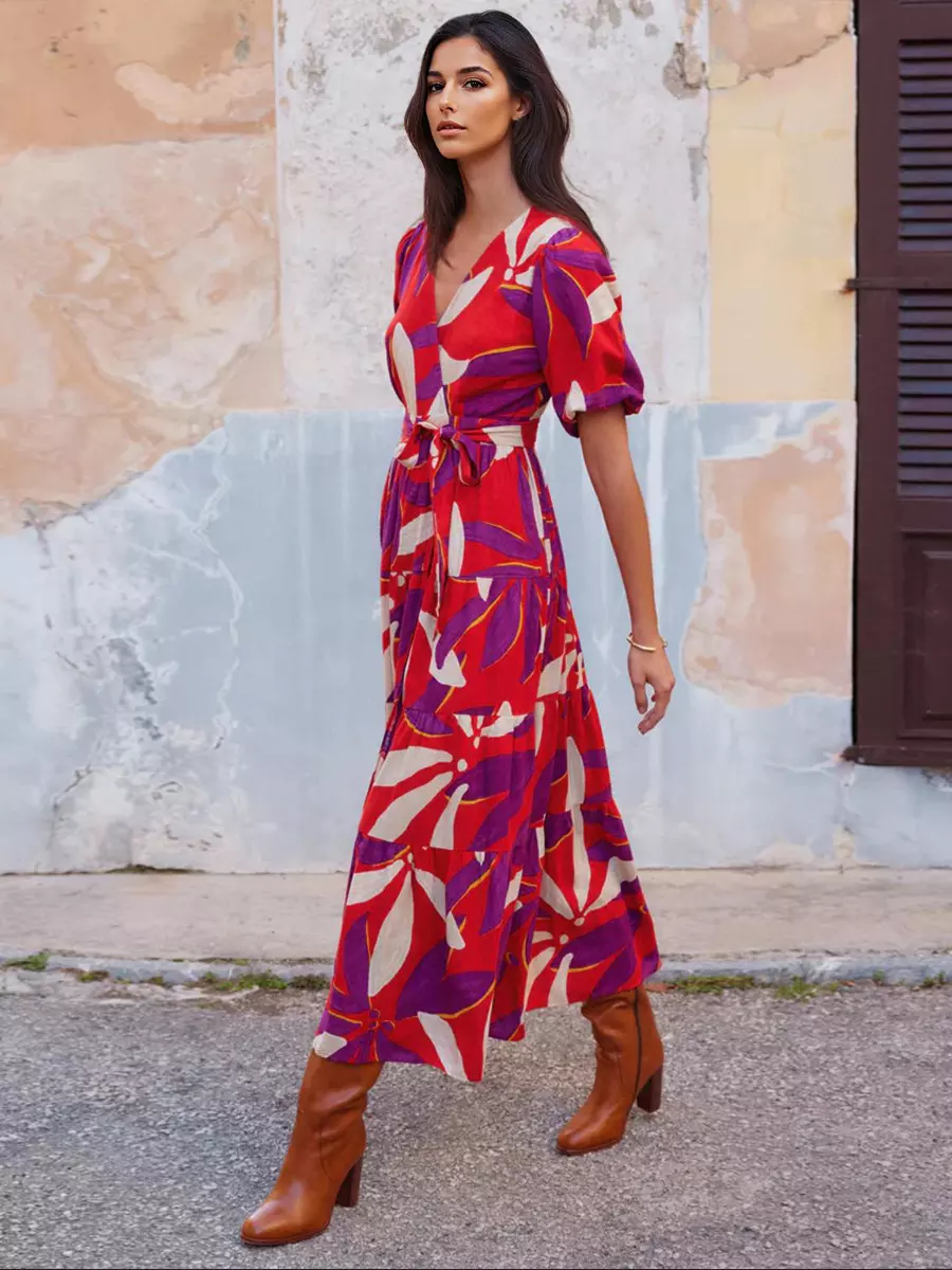 Bohemian Floral Print With V-neck And Side Slit Wrap Midi Dress - Image 2
