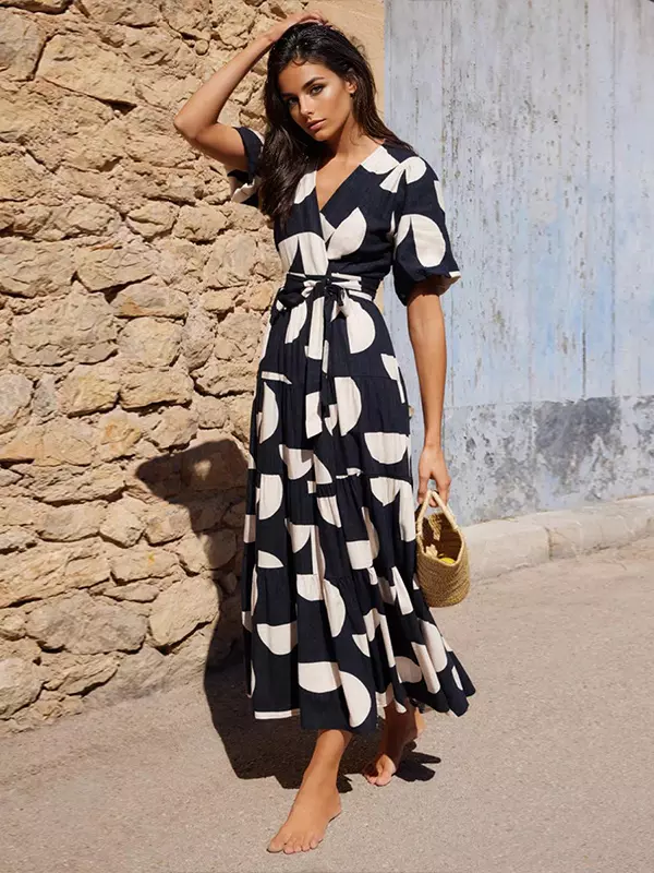 Bohemian Floral Print With V-neck And Side Slit Wrap Midi Dress - Image 2