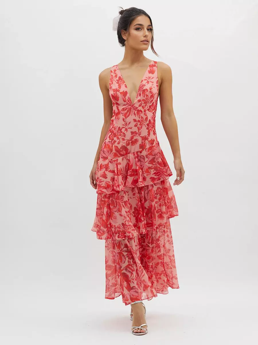 Bohemian Floral Printed With Deep V-Neck Layered Ruffle Maxi Dress - Image 3