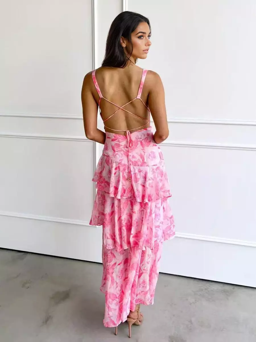 Bohemian Floral Printed With Deep V-Neck Layered Ruffle Maxi Dress - Image 8