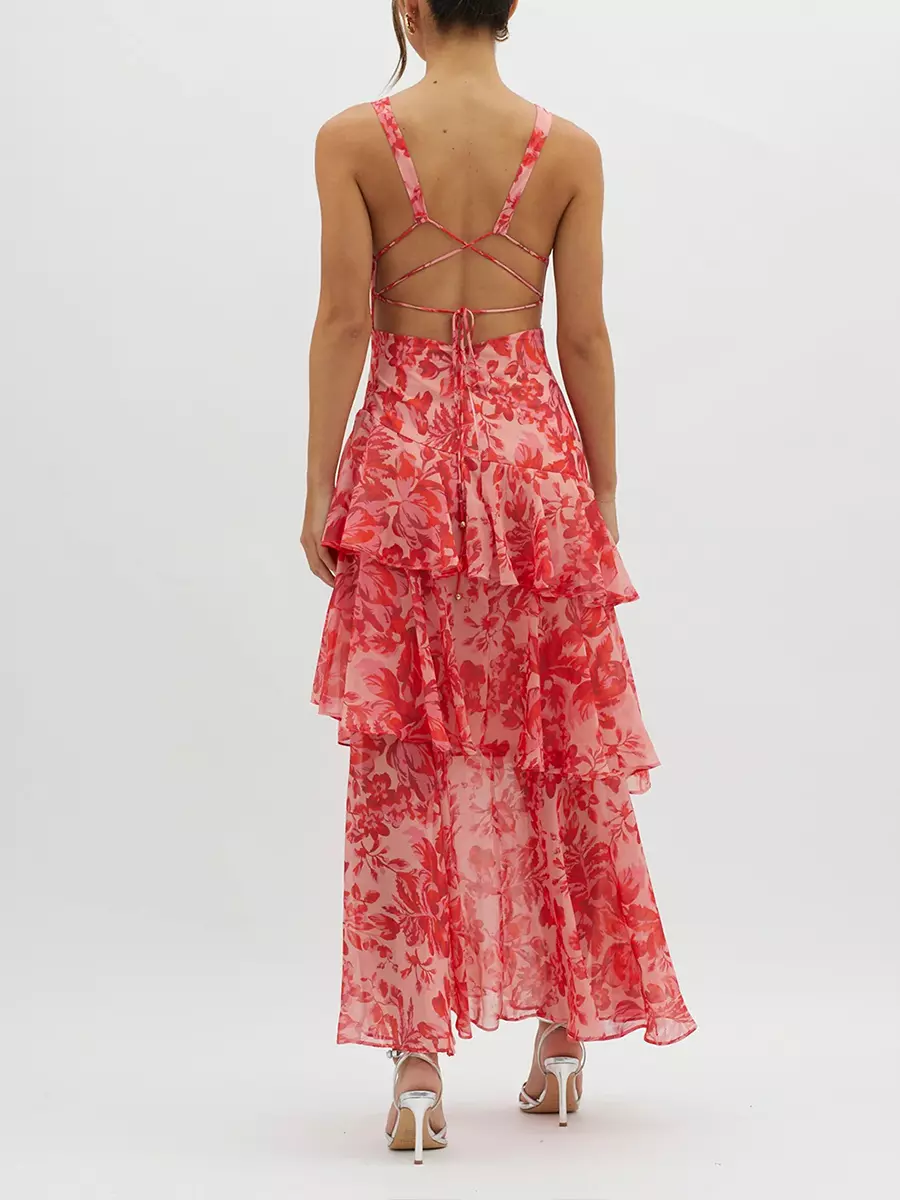 Bohemian Floral Printed With Deep V-Neck Layered Ruffle Maxi Dress - Image 4