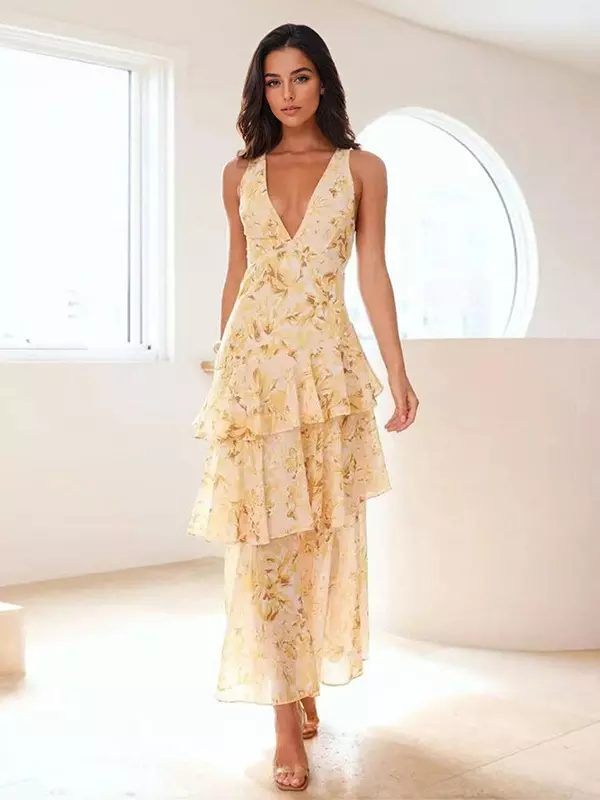 Bohemian Floral Printed With Deep V-Neck Layered Ruffle Maxi Dress - Image 6