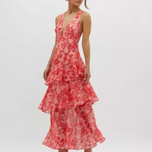 Bohemian Floral Printed With Deep V-Neck Layered Ruffle Maxi Dress