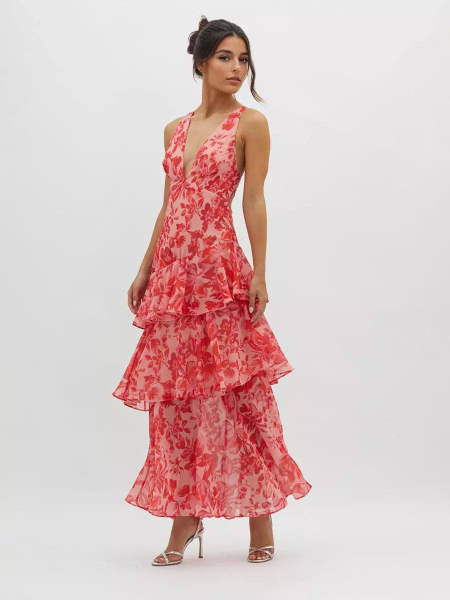 Bohemian Floral Printed With Deep V-Neck Layered Ruffle Maxi Dress