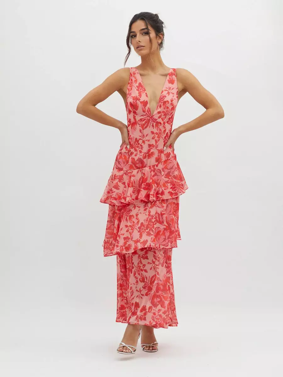 Bohemian Floral Printed With Deep V-Neck Layered Ruffle Maxi Dress - Image 2