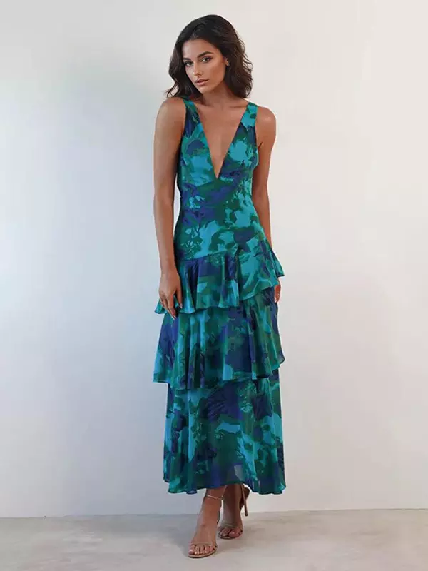 Bohemian Floral Printed With Deep V-Neck Layered Ruffle Maxi Dress - Image 10