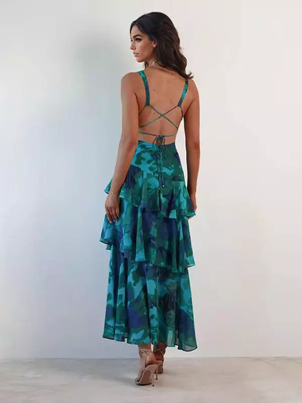 Bohemian Floral Printed With Deep V-Neck Layered Ruffle Maxi Dress - Image 11