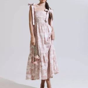 Bohemian Landscape Print Square Neck Shirred Long Maxi Dress