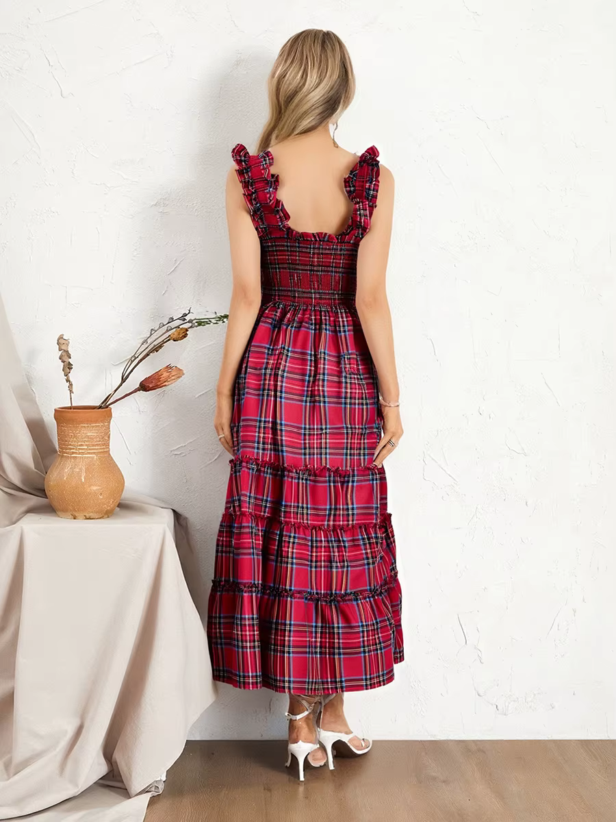 Bohemian Plaid Print Ruffled A-Line Party Beach Style Midi Dress - Image 5
