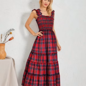 Bohemian Plaid Print Ruffled A-Line Party Beach Style Midi Dress