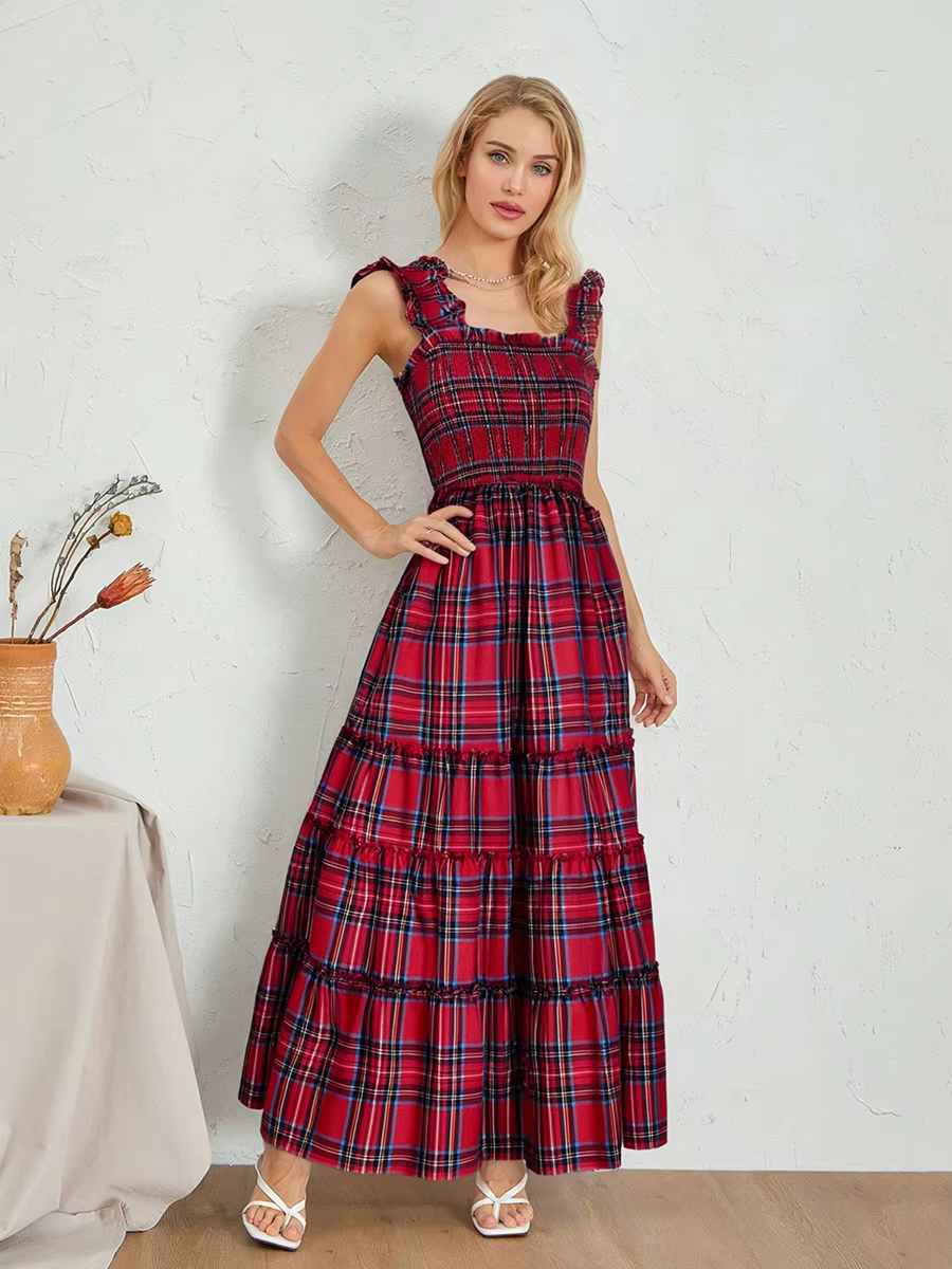 Bohemian Plaid Print Ruffled A-Line Party Beach Style Midi Dress