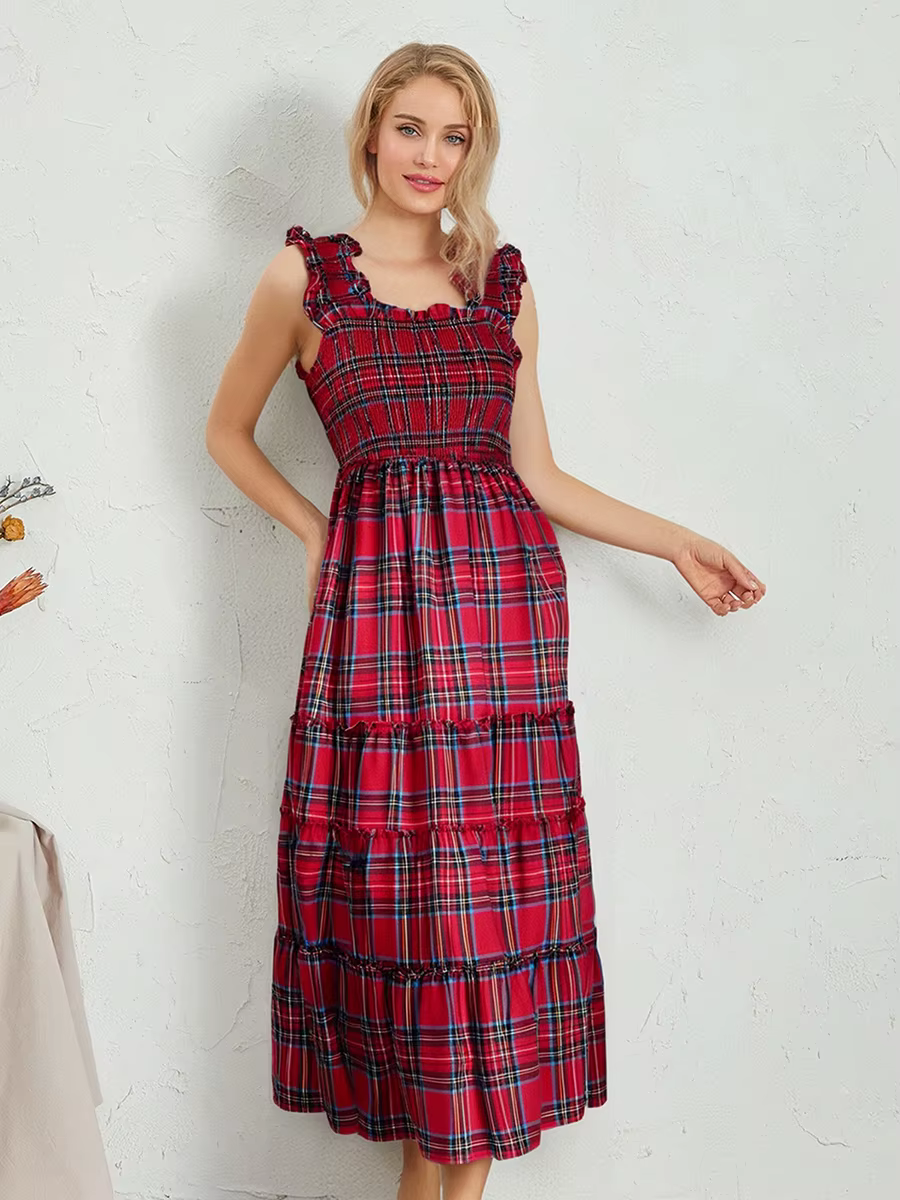 Bohemian Plaid Print Ruffled A-Line Party Beach Style Midi Dress - Image 3