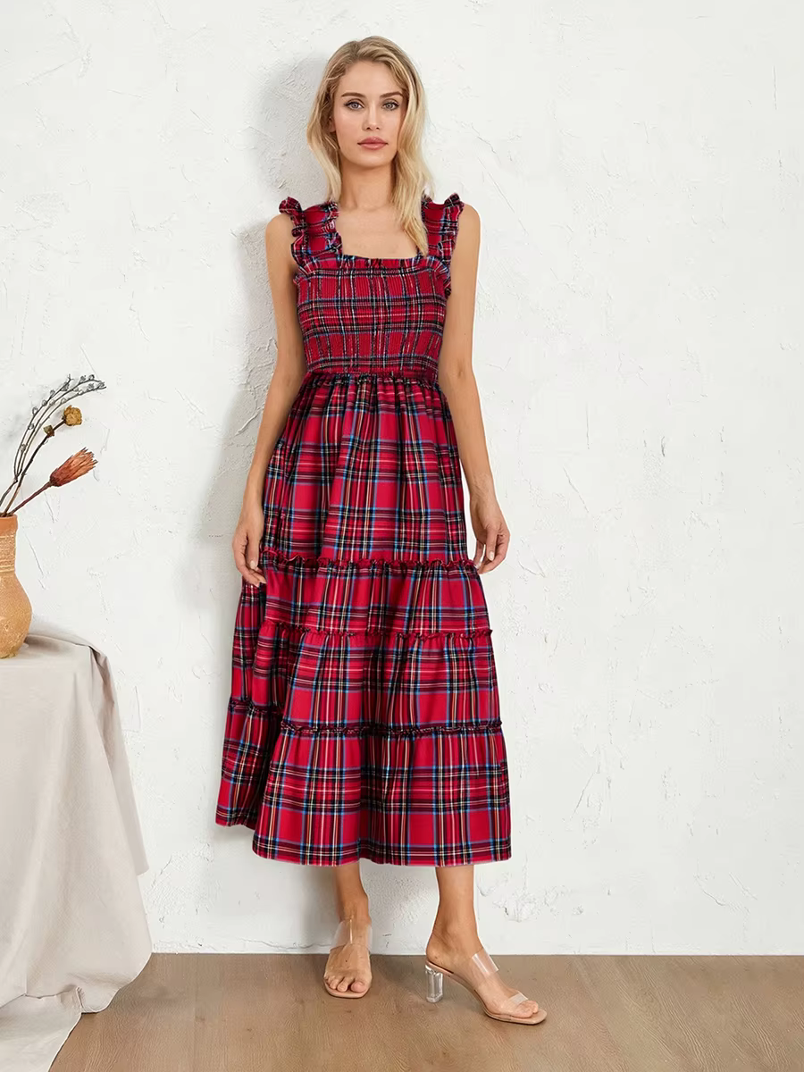 Bohemian Plaid Print Ruffled A-Line Party Beach Style Midi Dress - Image 2