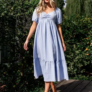 Bohemian Pleated Beach Style Puffed Sleeves Striped Oversized Midi Dress