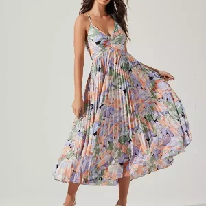 Bohemian Pleated Floral Print V-Neck Long Slip Midi Dress