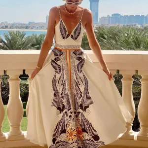 Bohemian Adjustable Straps Print Maxi Slip Dress With V-Neck And Open Back