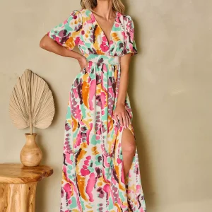 Bohemian Printed Long Maxi Dress With V-Neck And High-Slit
