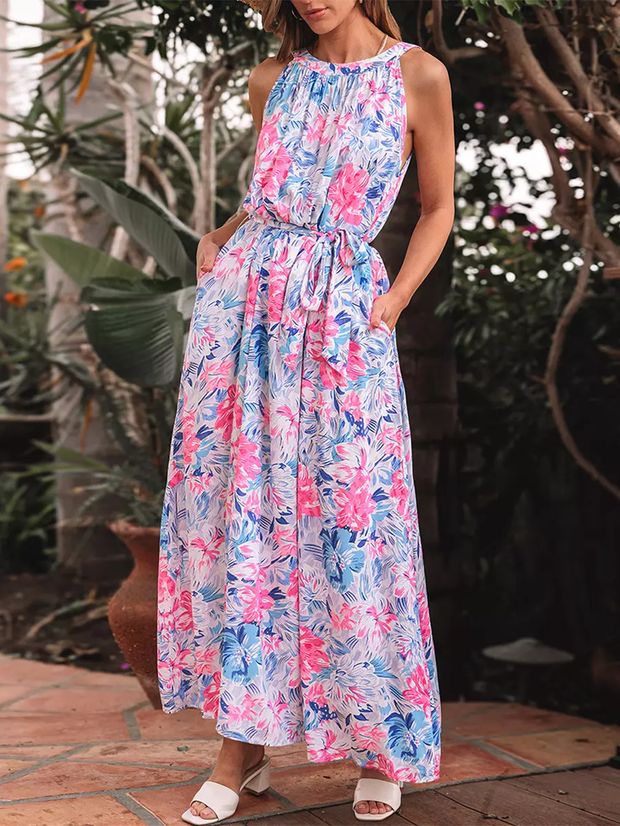 Bohemian Sash Floral Print Sleeveless Belted Maxi Dress Resort Wear - Image 2