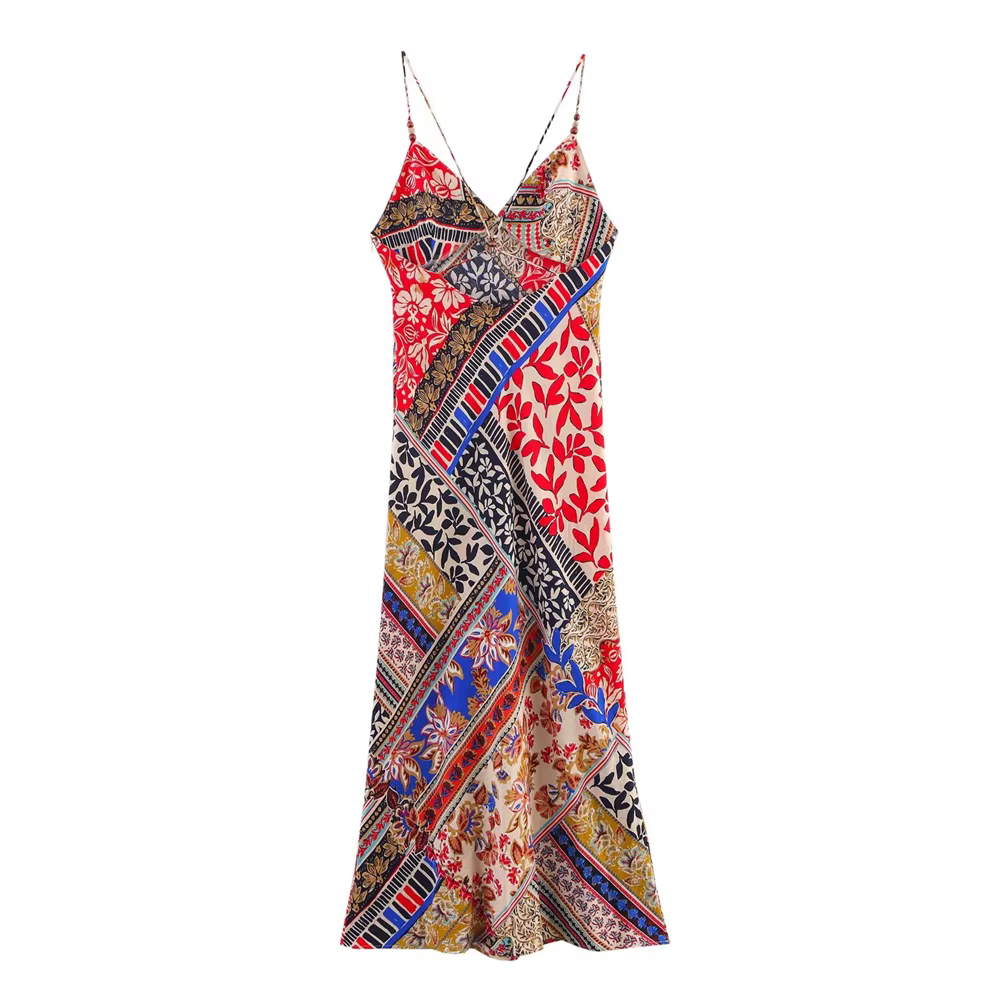 Bohemian Spaghetti Strap With Multicolored Patchwork Print Maxi Dress - Image 2