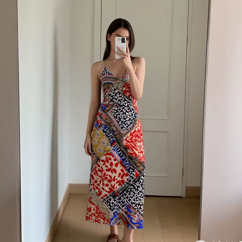 Bohemian Spaghetti Strap With Multicolored Patchwork Print Maxi Dress